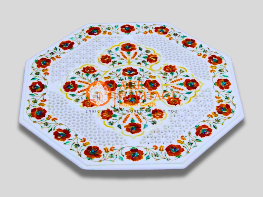 Top White Coffee Table Carnelian Marquetry Inlay Art